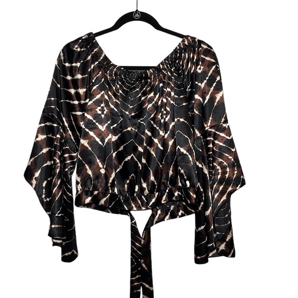 Y2K Boho Off Shoulder Stain Bell Sleeve Chocolate Brown Black Animal Print Large - Picture 7 of 11